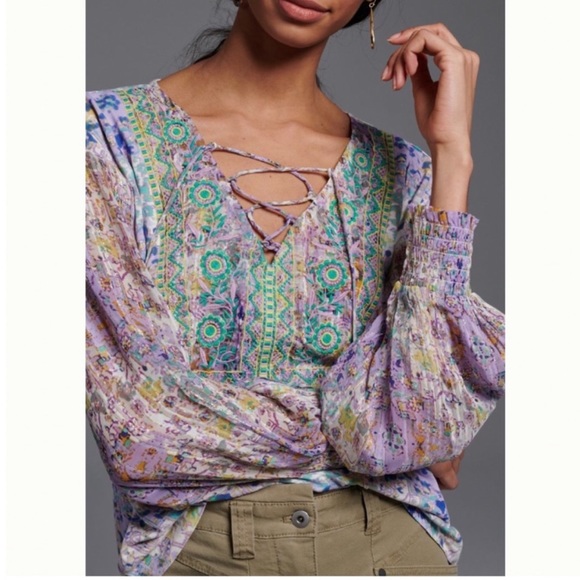 Anthropologie Odetta Shimmer Embroidered Top Shirt Blouse M - Picture 4 of 12